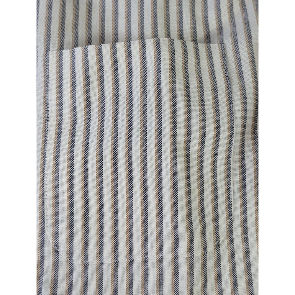 Stafford Mens 17 36/37 Striped Oxford Button Down Shirt Blue Tan Wrinkle Free